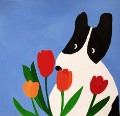 a painting of a dog with tulips on a blue background