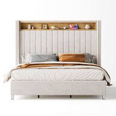 a bed with a headboard built into it