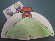 a paper plate with a drawing of a house on it and two children's pictures