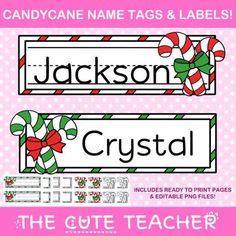 candy cane name tags and labels for christmas themed classroom decor, including candy canes