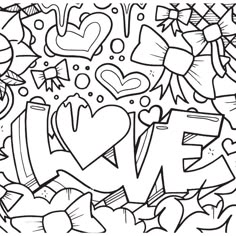 the word love is surrounded by hearts and other graffiti art pieces in black and white