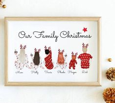 the family christmas card is displayed in a frame next to pine cones and other holiday decorations