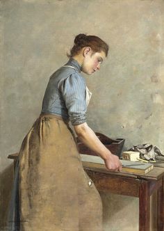 a painting of a woman in an apron at a desk with a typewriter on it