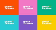 four squares with different colors and the words global for children written in white on them