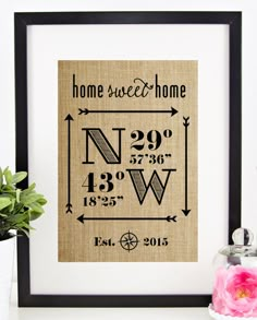 a cross stitch pattern with the coordinates for home sweet home, framed in black frame