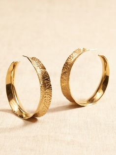 Aureus + Argent | Karana Etched Brass Hoop Earrings | Banana Republic Luxury Brass Hoop Earrings As Gift, Luxury Pierced Brass Jewelry, Luxury Brass Hoop Jewelry, Elegant Hammered Small Hoop Jewelry, Pierced Round Nature-inspired Jewelry, Luxury Pierced Brass Hoop Earrings, Nature-inspired Hammered Gold Jewelry, Nature-inspired Gold Hammered Jewelry, Nature-inspired Round Pierced Jewelry