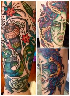 some tattoos that are on someone's arm and leg, one is in the shape of a woman