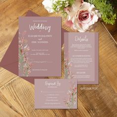 wedding stationery with pink flowers and greenery