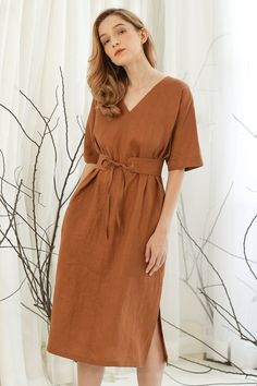 Marcella Linen Dress – VAST V-neck Linen Dress For Workwear With Relaxed Fit, Relaxed Fit Linen V-neck Dress For Work, V-neck Linen Midi Dress With Belt, Belted Linen Dress For Daywear, Linen Midi Dress With Tie Waist, Relaxed Fit V-neck Linen Dress For Work, Linen Belted Dress For Daywear, Belted Linen Midi Dress For Daywear, Linen Dress With Tie Fastening For Spring