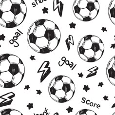 seamless pattern with soccer balls and lightning signs on white background, hand drawn illustration