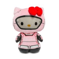 a hello kitty plush toy with a red bow on its head and eyes, sitting in front of a white background