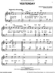 sheet music with the words, yesterday