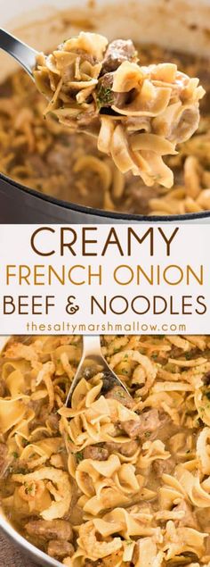 creamy french onion beef and noodle soup in a pot with a spoon full of noodles