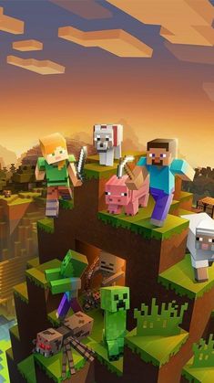 several minecraft characters standing on top of a mountain