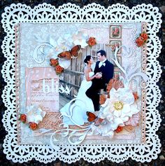 a wedding card with an image of a bride and groom