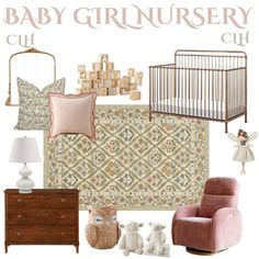 a baby girl nursery room with pink furniture and accessories, including a crib bed