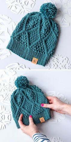 two pictures of a woman's hand holding a green knitted hat with pom - poms