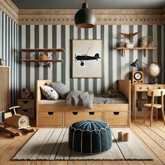 a child's bedroom with striped walls and wooden furniture