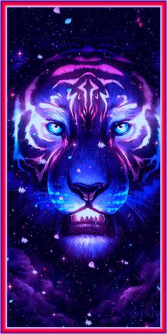 a painting of a tiger with blue eyes and stars in the night sky behind it