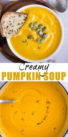 two bowls of creamy pumpkin soup with bread on the side