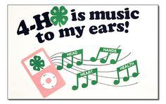 a poster with music notes and green headphones in front of the words 4 - h is music to my ears