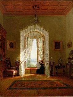 a painting of a woman sitting on a bed in front of a window with sheer curtains