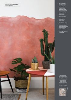 two chairs and a table in front of a pink wall with cactuses on it