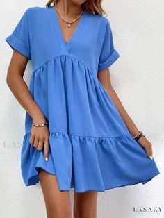 Lasaky - Elegant Solid Color Swing Casual Dress Womens Beach Dresses, Beach Holiday Dresses, Short Sleeve Mini Dress, Vestido Casual, Daily Dress, Basic Outfits, Casual Summer Dresses, Look Casual, Botswana