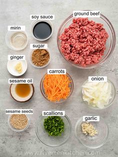 the ingredients to make ground beef soup are shown in bowls on a gray surface, including carrots, onions, garlic, and seasonings