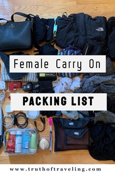 the contents of a woman's carry on packing list laid out on a wooden floor