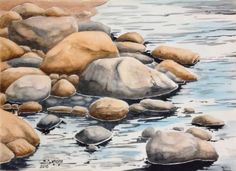 a painting of some rocks in the water