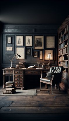 💼 Aesthetic Home Office Vibes: The Perfect Office Chairs Dark Home Office, Efficient Home Office, Dark Academia Interior, Home Office Dark, Dark And Moody Interiors, Aesthetic Home Office, Office Vibes, Rustic Home Offices, Lighting The Way