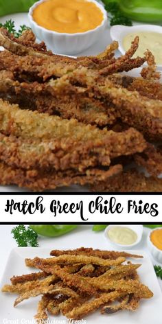 fried green chile fries on a white plate with dipping sauce in the middle and another side dish