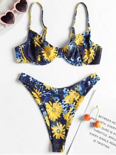 Floral High Leg Underwire Bikini - DENIM DARK BLUE M #ZAFUL #Bikinis #Floralbikini Floral Bikinis, Wedding Royal, Swimwear Shoot, Zaful Bikinis, Swimwear Model, Swimsuits Outfits, Vintage Swimwear, Swimwear Brands