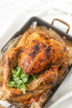 a roasted chicken in a roasting pan with parsley