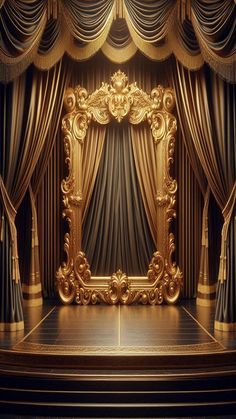 an ornate gold frame on stage with curtains