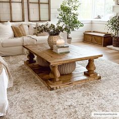 a living room with a couch, coffee table and potted plant in the center