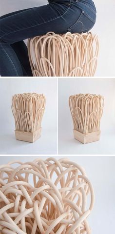 three images show the process of making an object out of wood and plastic straws