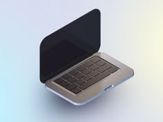 an open laptop computer sitting on top of a white table next to a blue and yellow background