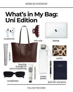 What‘s in your bag?💼✨ #university #collegelife #studentinspo #uniaesthetic #studymotivation #effortlessbeauty #collegefashion #neutralnails #beautytips #studytok #studenthacks #academia #digitalorganization #bagessentials #unigirlvibes #thatgirl #whatsinmybag #universitylife #glowup #smartlife #beautyandbrains College Bag Essentials List, University Aesthetic Bag, What’s In My Office Bag, What's In My Travel Bag, University Bag Aesthetic, University Bag Ideas, Uni Bag Ideas, University Bag Essentials, Bag Essentials Everyday