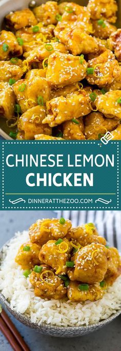 chinese lemon chicken with white rice and chopsticks on the side in a bowl