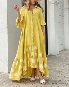 Lasaky - Womens Casual Maxi Dress with Ruffle Hem and Button Detail Back Design For Dress, Printed Casual Dresses, Dress Item, Loose Maxi Dress, Designer Dresses Casual, Printed Dresses, Blouse Diy, Long Shirt Dress, Fashion Blouse Design