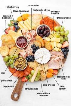 a platter filled with different types of cheeses, meats and fruit on top of each other