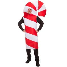 a man dressed in a candy cane costume