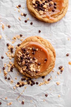 two cookies with peanut butter and chocolate chips