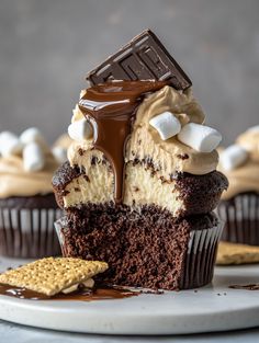 cupcakes with chocolate frosting and marshmallows are on a plate