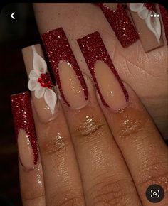 Red And Silver Nails, Cute Red Nails, Prom Nails Red, Red And Gold Nails, Red Nails Glitter, Maroon Nails