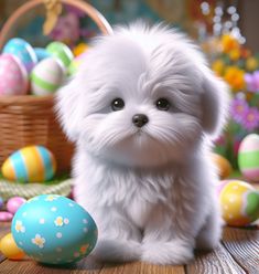 a small white dog sitting next to an easter egg