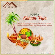 happy chhath puja greeting card with colorful food and palm tree on marble background