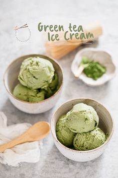 three bowls filled with green tea ice cream